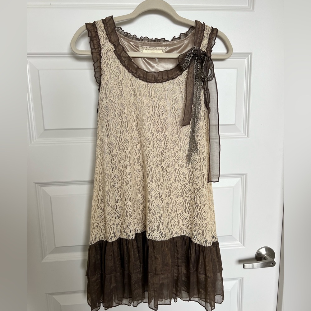 Cream & Brown Lace Tank with Bow